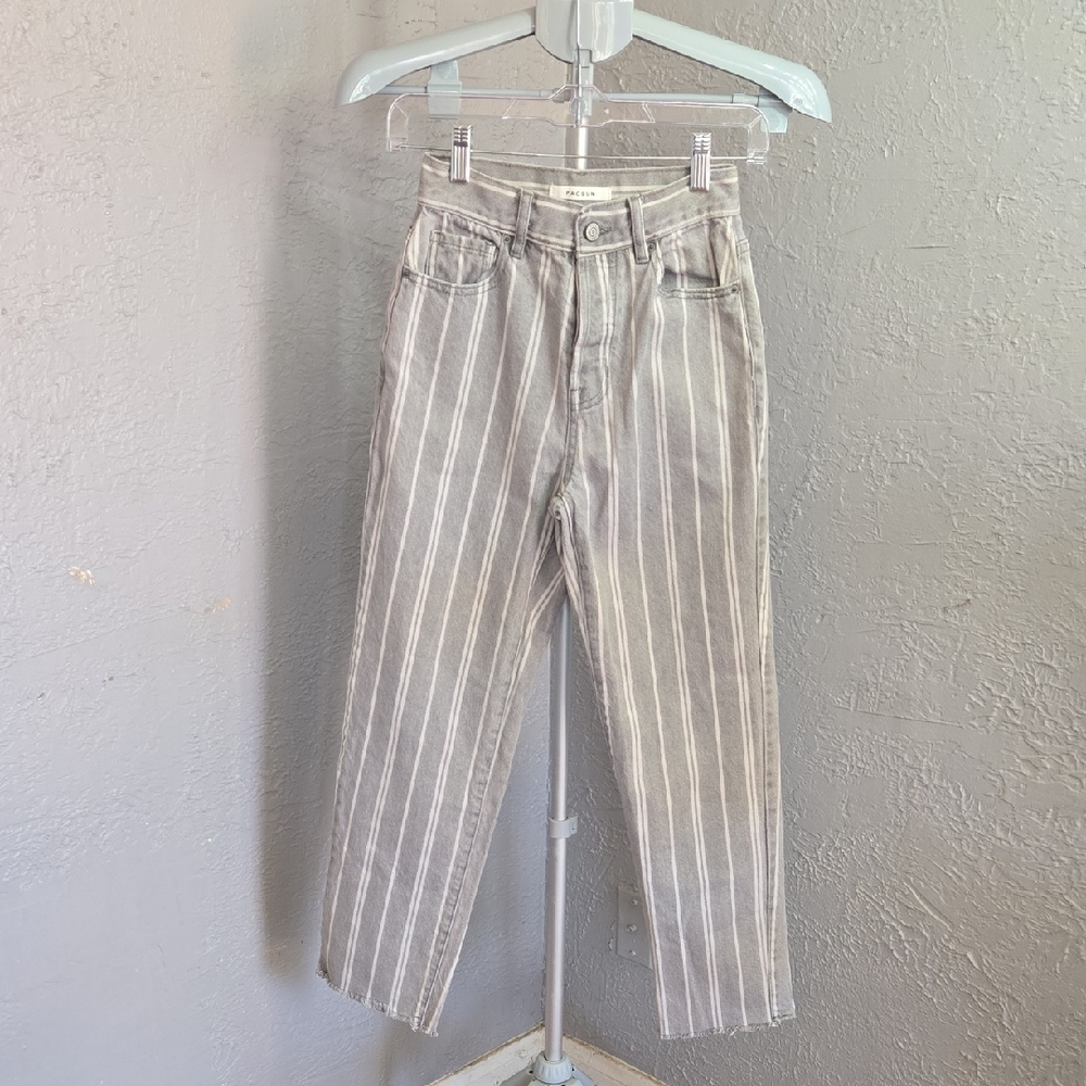 ^PacSun High Rise Straight Gray and White Striped Pants With Raw Hem